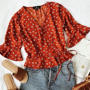 Rust Red Floral Print Wrap Top